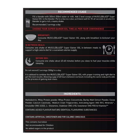 RecommendedUsage - MuscleBlaze Super Gainer XXL, 6.6 lb Chocolate RecommendedUsage - MuscleBlaze Super Gainer XXL, 6.6 lb Chocolate