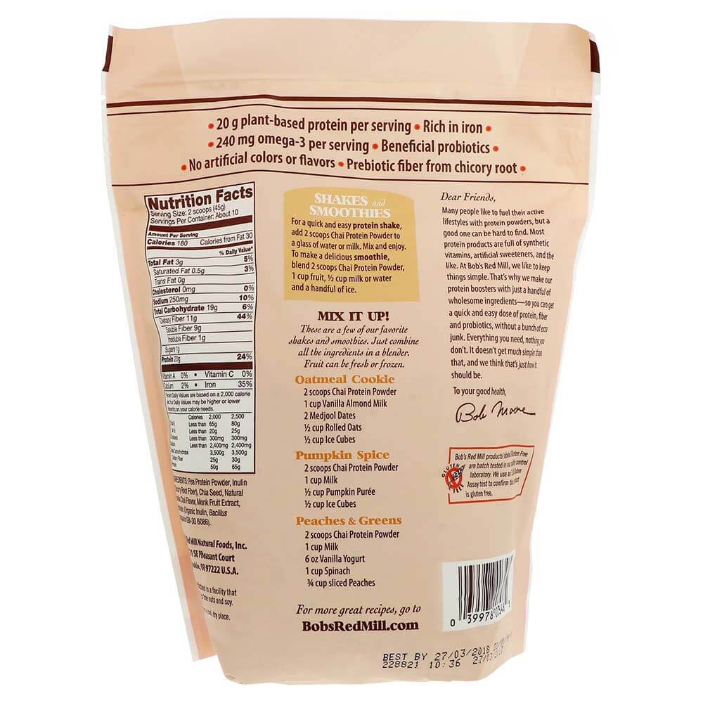 back - Bob's Red Mill Gluten Free Nutritional Booster Protein Powder,  1 lb  Chai 