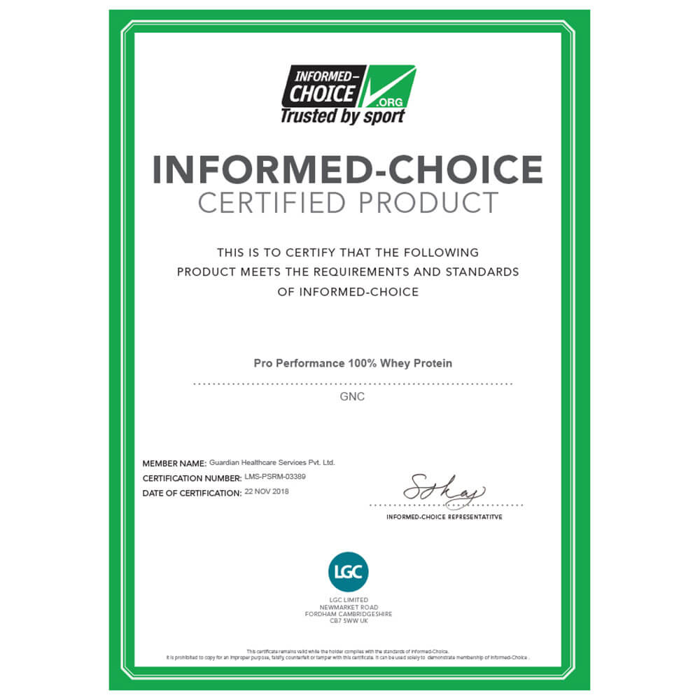 certificate - GNC Pro Performance 100% Whey Protein,  2.2 lb  Chocolate Fudge 