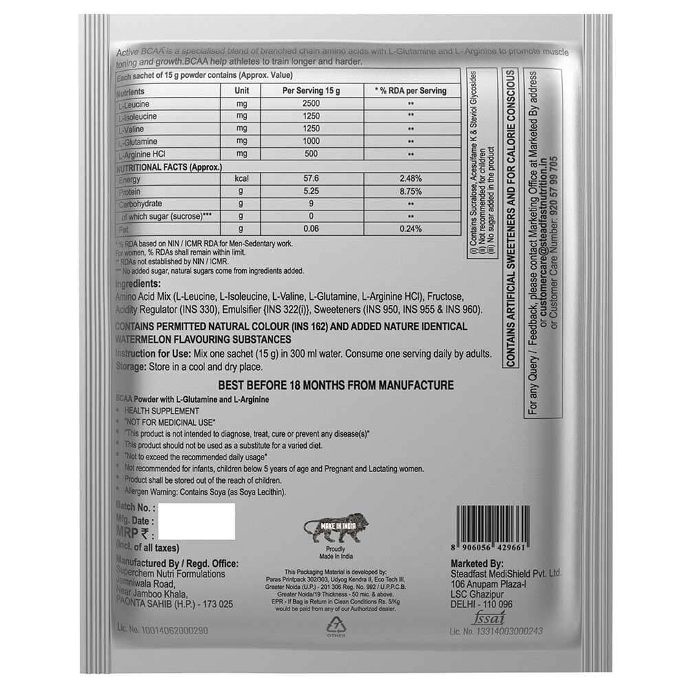 supplementinfo - Steadfast Nutrition Active BCAA,  30 sachets/pack  30 Servings  Watermelon 