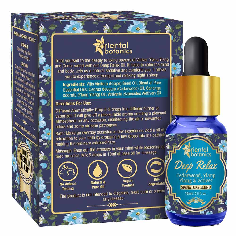 Back - Oriental Botanics Deep Relax Aroma Therapy Diffuser Oil,  15 ml  Cedarwood, Ylang Ylang & Vetiver 