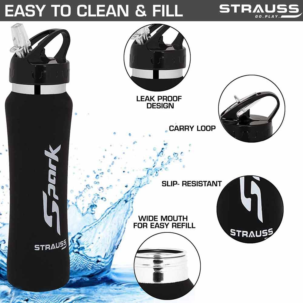1 - Strauss Spark Stainless Steel Bottle,  Rubber Finish Black  750 ml 