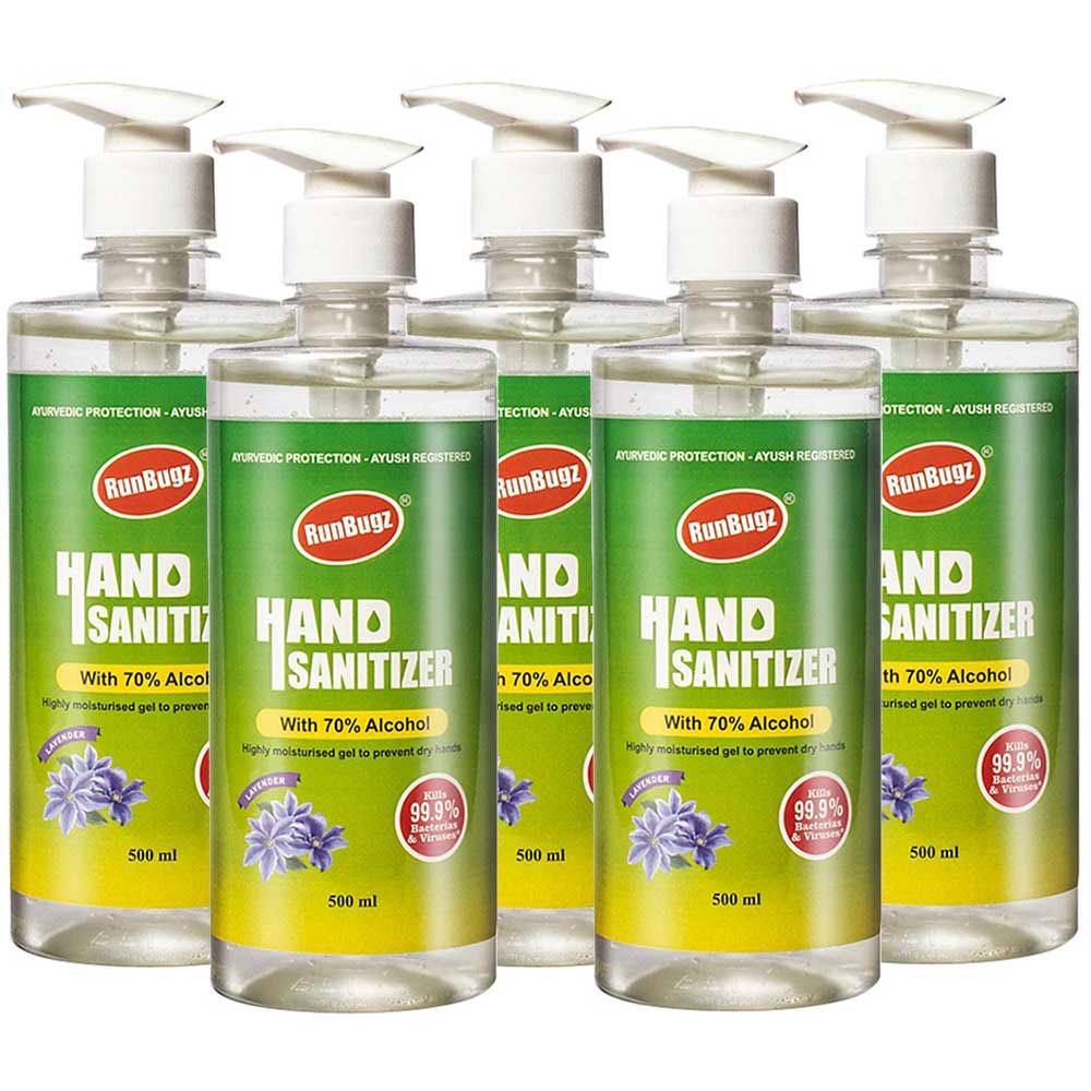 1 - RunBugz Hand Sanitizer with 70% Alcohol,  Lavender  500 ml  Kills 99.9% Bacteria & Virus (Pack of 5) 