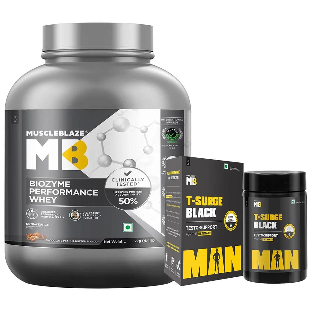 MuscleBlaze Biozyme Performance Whey 2 kg & T-Surge Black 90 Tabs Combo