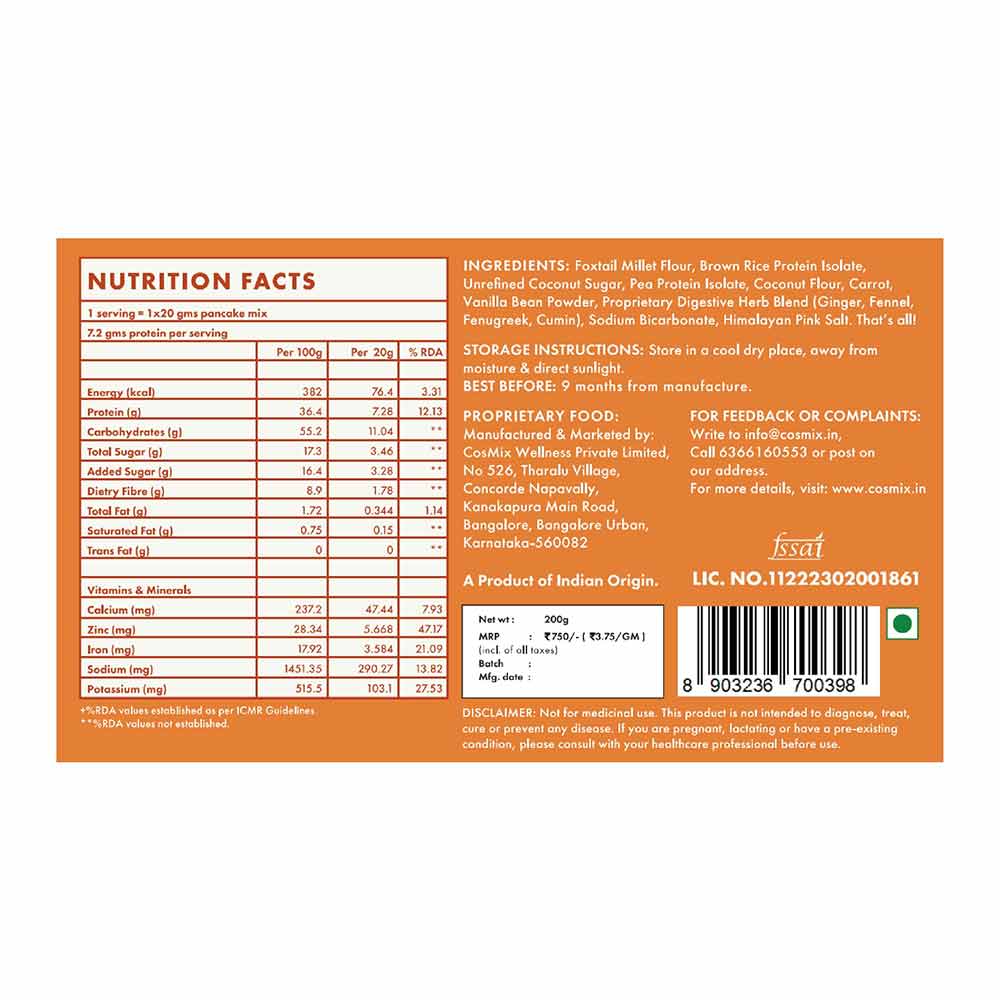 3 - Cosmix No Nonsense Plant Protein Pancake Mix,  Carrot Cake  200 g 