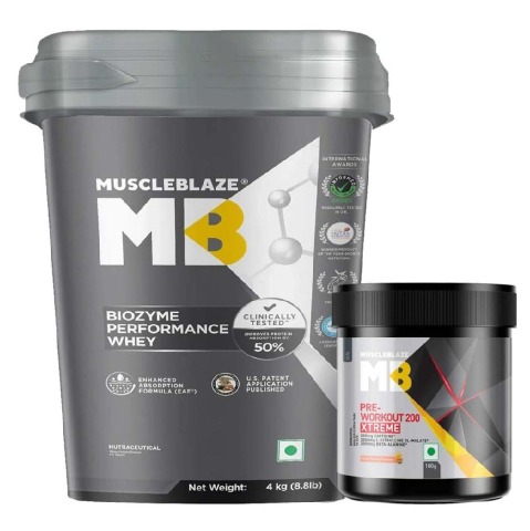 MuscleBlaze Biozyme Performance Whey 4kg Rich Chocolate & PRE Workout 200 Xtreme Fruit Punch Combo