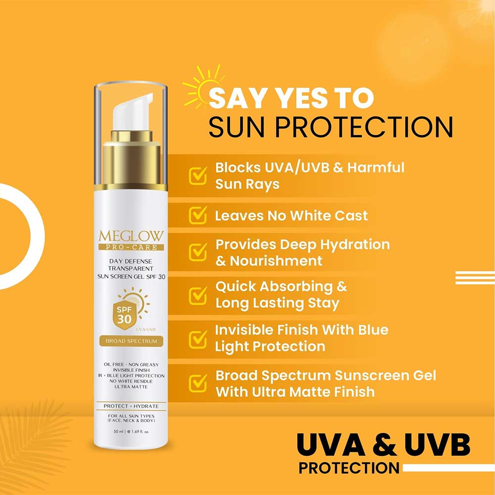 2 - Meglow Pro-Care Day Defense Transparent Sunscreen Gel,  50 ml  with SPF 30 UVA+UVB Protection 