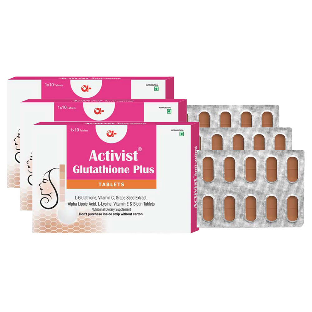 Activist Glutathione Plus (Pack of 3), Unflavoured 10 tablet(s) at Best  Price in India | https://www.healthkart.com/