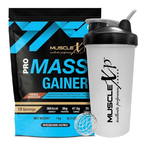 1 - MuscleXP Pro Mass Gainer with Whey Protein, 2.2 lb Double Chocolate+Shaker