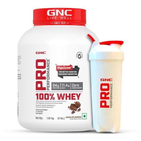 1 - GNC Pro Performance 100% Whey Protein & White Shaker 700 ml Combo, 4 lb Chocolate Supreme