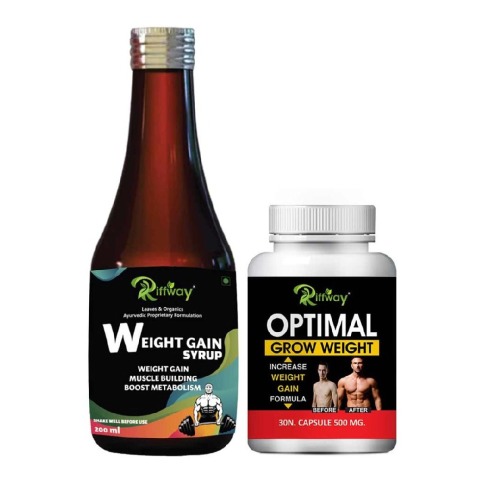 1 - Riffway Weight Gain Syrup 200 ml & Optimal Grow Weight 30 Capsules Combo,  2 Piece(s)/Pack  Unflavoured 