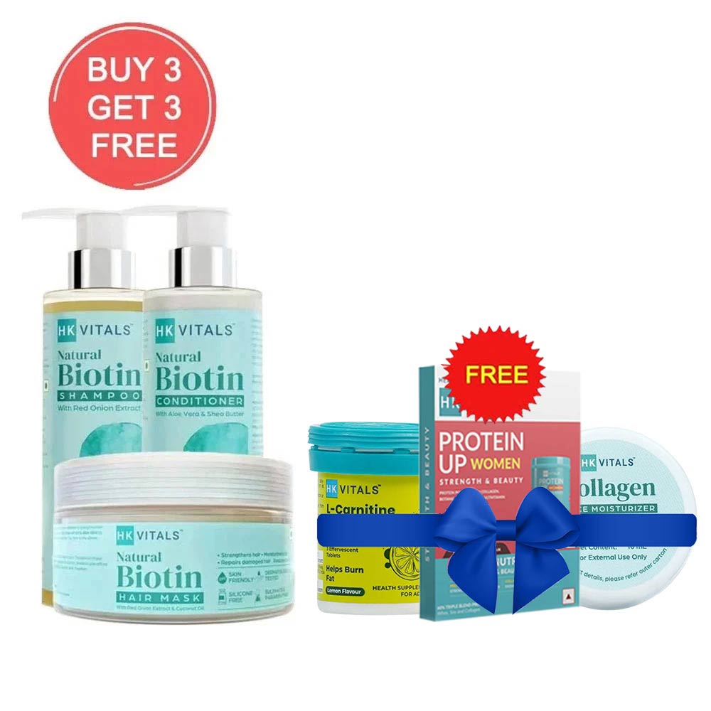HK Vitals Biotin Shampoo & Conditioner & Hair Mask with free ProteinUp Women & L Carnitine & Face Moisturizer