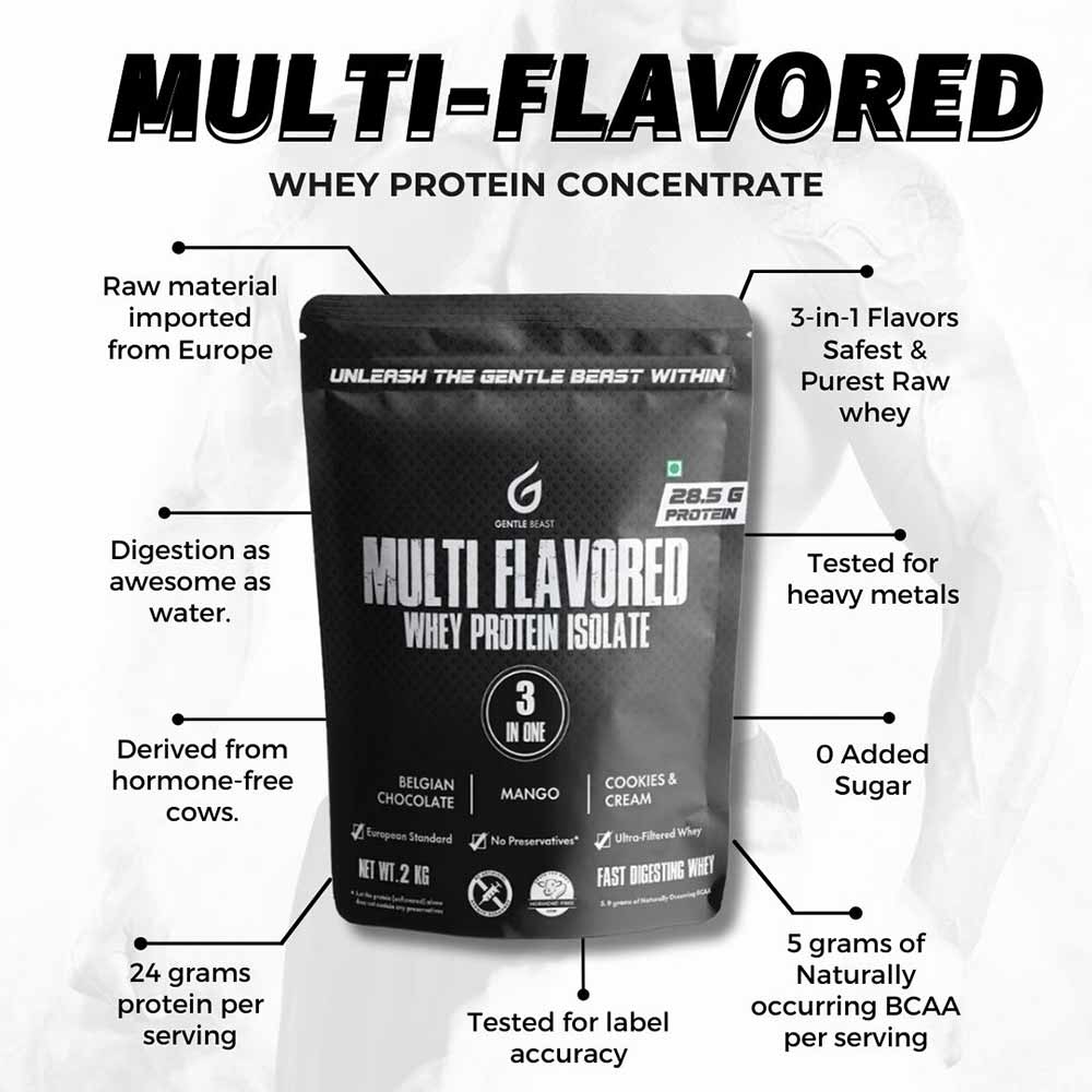 9 - Gentle Beast Multi Flavored Whey Protein,  4.4 lb  Belgian Chocolate, Mango and Cookies & Cream 