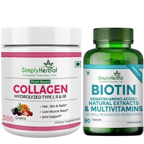 Simply Herbal Collagen Powder 300g & Biotin 90 Capsules Combo, 2 Piece(s)/Pack Unflavoured