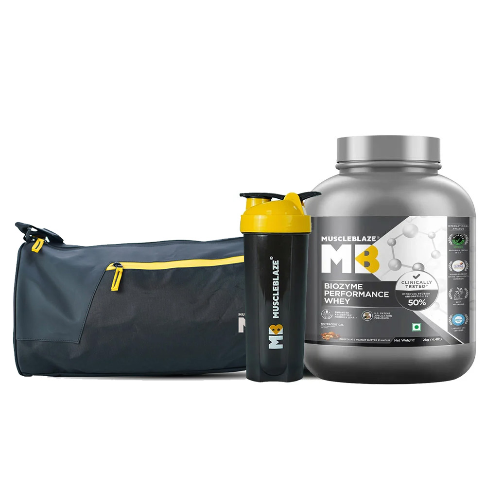 MuscleBlaze Biozyme Performance Whey 2 kg & Gym Bag & Shaker Combo