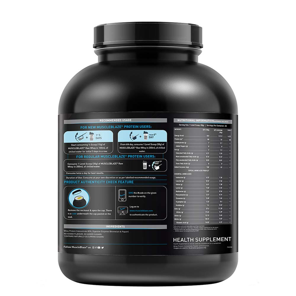 5 - MuscleBlaze Raw Whey Protein Concentrate 80% with Added Digestive Enzymes Labdoor USA Certified with Shaker OP,  4.4 lb  Unflavoured 