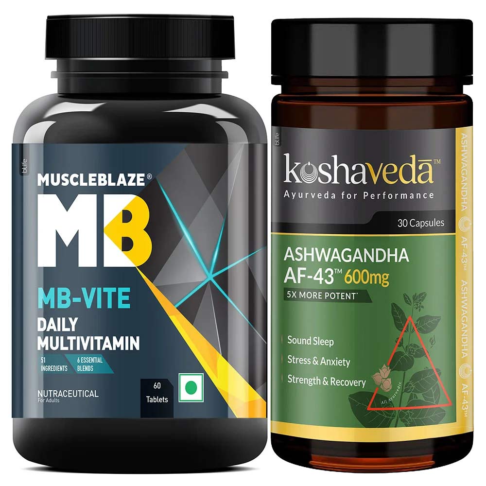 MuscleBlaze MB-VITE Daily Multivitamin 60 Tabs & Koshaveda Ashwagandha AF-43 600mg 30 Caps Combo-image-48