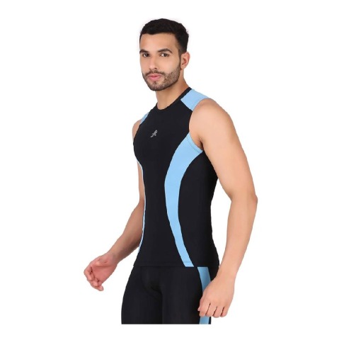 5 - Redesign Nylon DC Compression Cut Sleeve Tshirt,  Black/Aqua Blue  Medium 