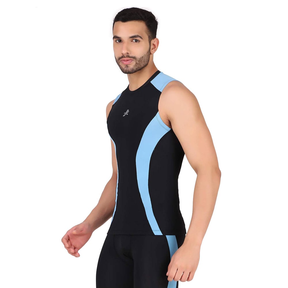 5 - Redesign Nylon DC Compression Cut Sleeve Tshirt,  Black/Aqua Blue  Medium 