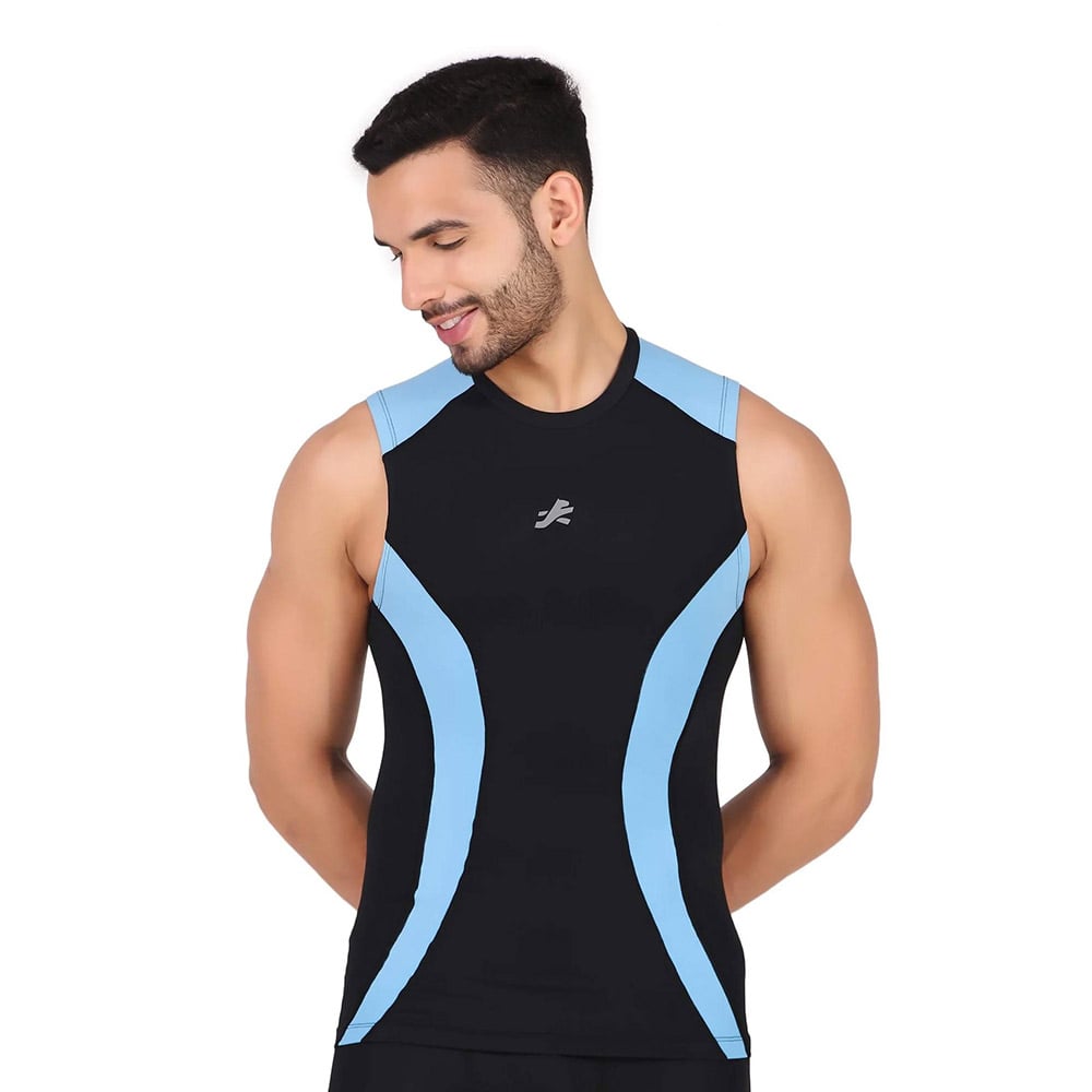 2 - Redesign Nylon DC Compression Cut Sleeve Tshirt,  Black/Aqua Blue  Large 