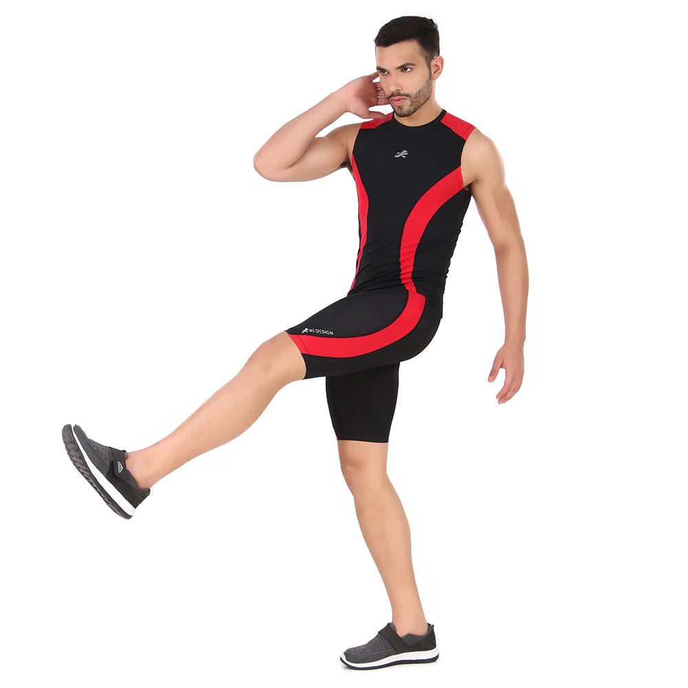 2 - Redesign Nylon DC Compression Cut Sleeve Tshirt,  Black/Red  Large 