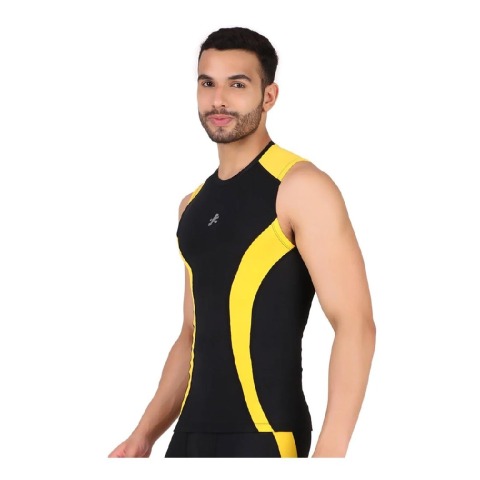 1 - Redesign Nylon DC Compression Cut Sleeve Tshirt,  Black/Yellow  Medium 