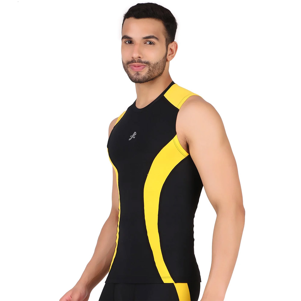 1 - Redesign Nylon DC Compression Cut Sleeve Tshirt,  Black/Yellow  Medium 