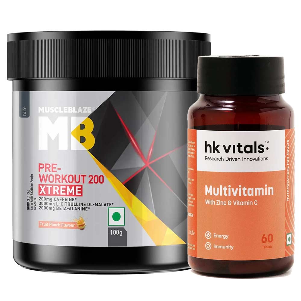 MuscleBlaze PRE Workout 200 Xtreme 100 g Fruit Punch and HK Vitals Multivitamin with Multimineral,Taurine & Ginseng Extract 60 Tabs Combo