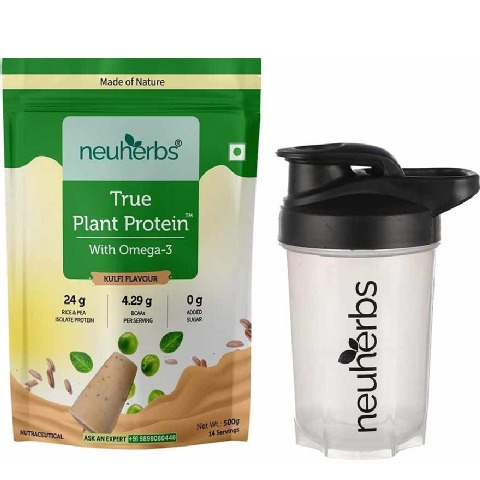 1 - Neuherbs True Plant Protein with Omega-3, 1.1 lb Kulfi & Protein Shaker Bottle Black White 400ml Combo