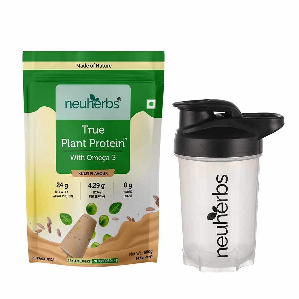 1 - Neuherbs True Plant Protein with Omega-3,  1.1 lb  Kulfi & Protein Shaker Bottle Black White 400ml Combo 