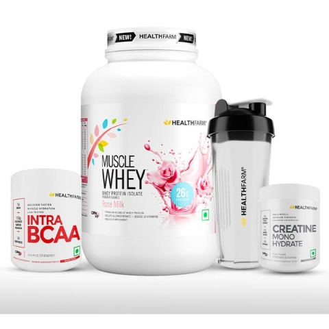 1 - Healthfarm Muscle Whey 2.2lb with Intra BCAA & Creatine Monohydrate Combo,  3 Piece(s)/Pack  Rose Milk, Island Fusion (with Free Shaker) 