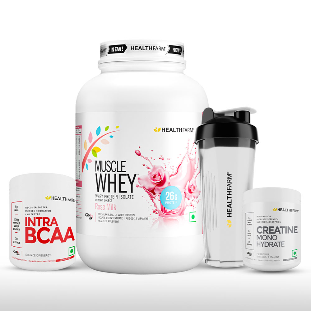 1 - Healthfarm Muscle Whey 2.2lb with Intra BCAA & Creatine Monohydrate Combo,  3 Piece(s)/Pack  Rose Milk, Island Fusion (with Free Shaker) 