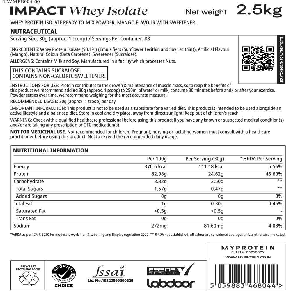 2 - Myprotein Impact Whey Isolate,  5.5 lb  Mango 