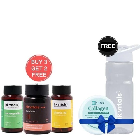 HealthKart HK Vitals Ashwagandha & Vitamin D3 & Biotin 60 Tabs with Free Sipper & Collagen Face Moisturizer