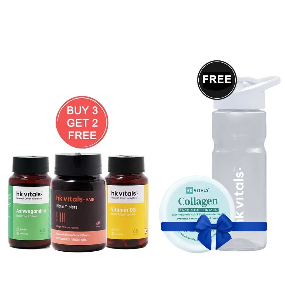 HealthKart HK Vitals Ashwagandha & Vitamin D3 & Biotin 60 Tabs with Free Sipper & Collagen Face Moisturizer