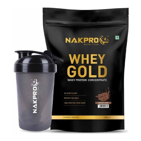 1 - Nakpro Whey Gold Protein Concentrate,  2.2 lb  Chocolate with Shaker Bottle (500 ml) Black 