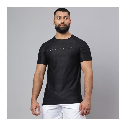2 - MuscleBlaze Camo Dry-Fit Active Tee Half Sleeve,  Black  Medium 