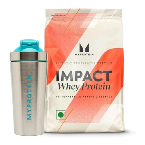 1 - Myprotein Impact Whey Protein 5.5 lb Chocolate Smooth & Stainless Steel Shaker Combo,  750 ml  Silver/Blue 
