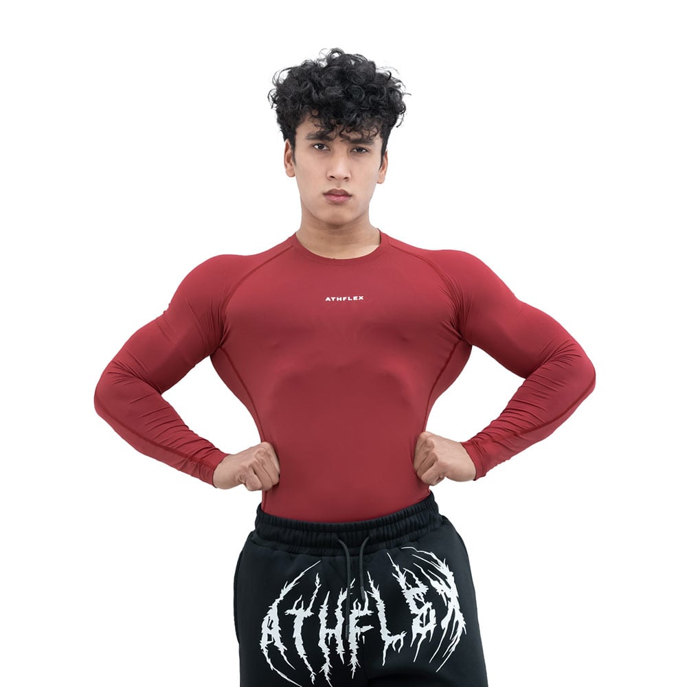 1 - Athflex Men's Full Sleeve Ace Compression T-Shirt,  Medium  Maroon 