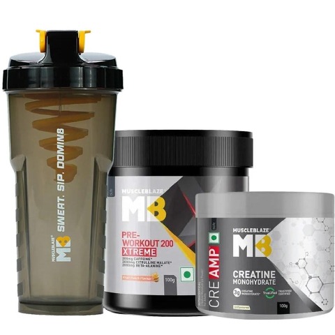 MuscleBlaze PRE Workout 200 Xtreme & Creatine Monohydrate CreAMP 100g & Shaker Combo