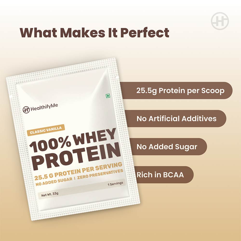 6 - HealthifyMe 100% Whey Protein,  5 sachets/pack  Classic Vanilla 