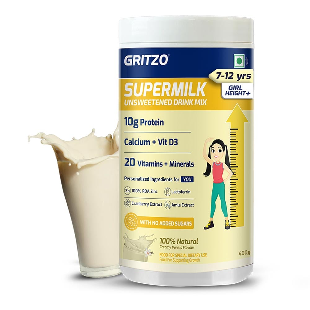 Supermilk Gritzo Height+ Unsweetened for 7-12 Yrs Girl Personalized Protein and Nutrition Drink Mix, 400 g Creamy Vanilla