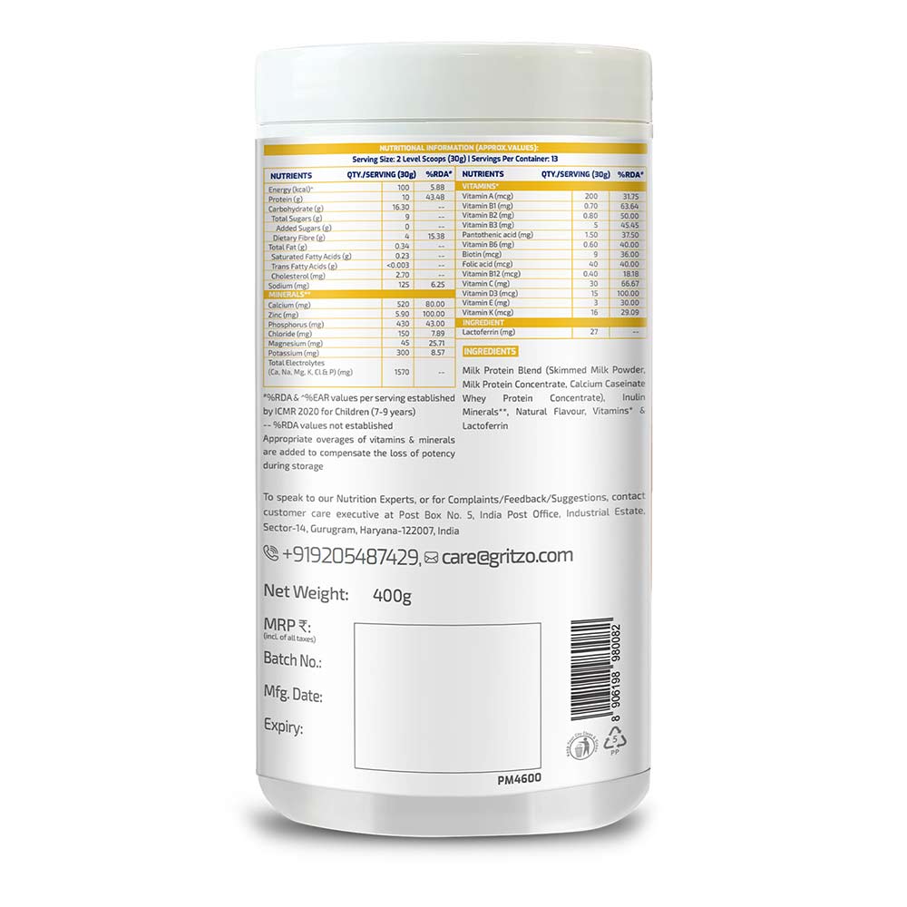 4 - Gritzo Height+ Unsweetened 7-12y Boys Personalized Protein and Nutrition Drink Mix,  400 g  Creamy Vanilla  7-12 Yrs  Boy  Height+