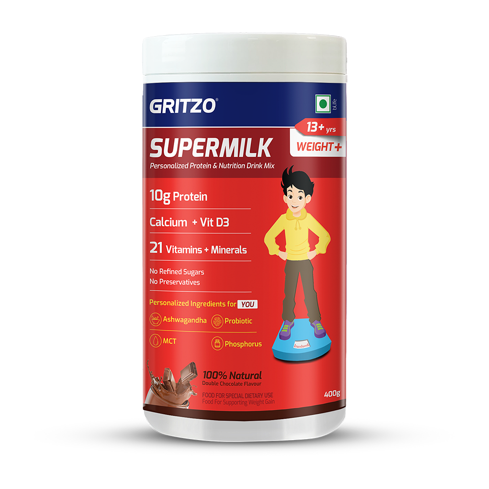 Supermilk Gritzo Weight + for Boy 13+ Yrs Personalized Protein & Nutrition Drink Mix,  400 g  Double Chocolate 