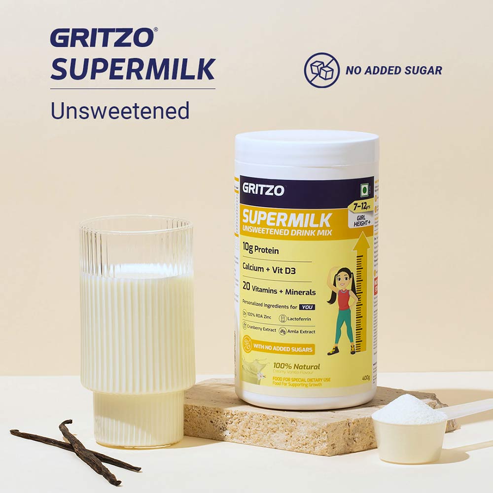 2 - Supermilk Height+ Unsweetened for 7-12 Yrs Girl Personalized Protein and Nutrition Drink Mix,  400 g  Creamy Vanilla