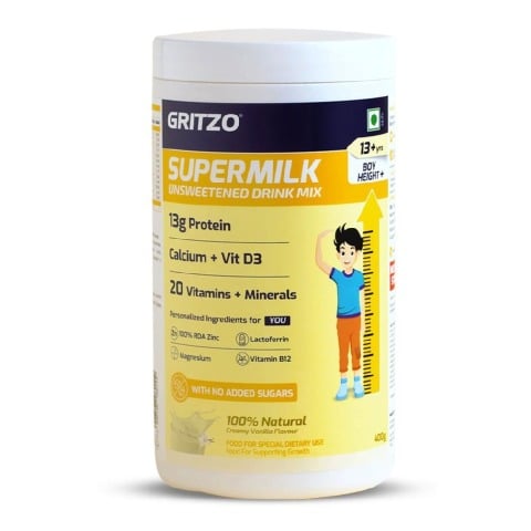 10 - Supermilk Gritzo Height+ Unsweetened for 13+ Yrs Boy Personalized Protein and Nutrition Drink Mix,  400 g  Creamy Vanilla 