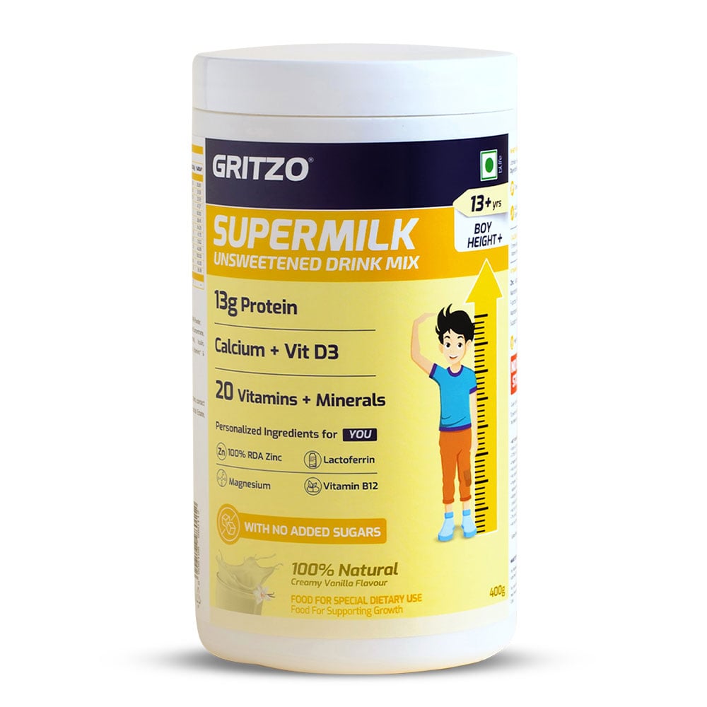 10 - Supermilk Gritzo Height+ Unsweetened for 13+ Yrs Boy Personalized Protein and Nutrition Drink Mix,  400 g  Creamy Vanilla 