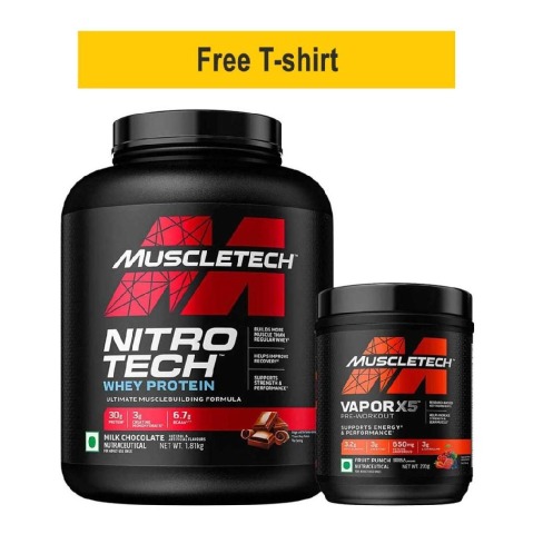 MuscleTech NitroTech Whey Protein 4 lb Milk Chocolate(India) & Vapor X5 Combo,  0.59 lb  Fruit Punch 