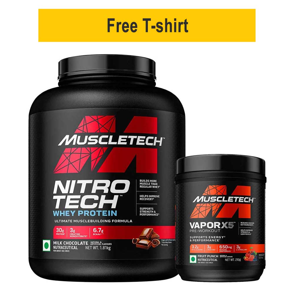 MuscleTech NitroTech Whey Protein 4 lb Milk Chocolate(India) & Vapor X5 Combo,  0.59 lb  Fruit Punch 