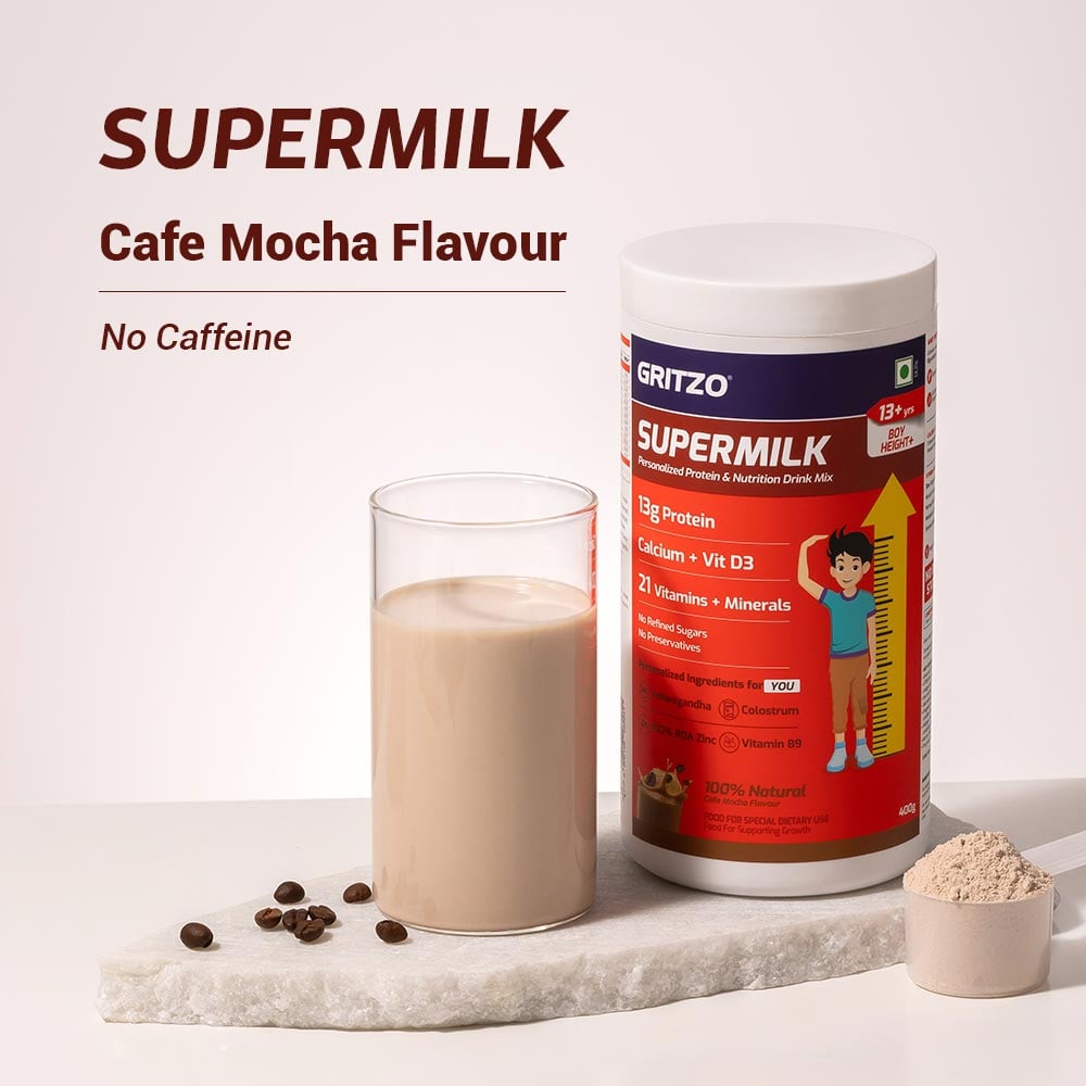 2 - Supermilk Gritzo Height+ for 13+ Yrs Boys Personalized Protein & Nutrition Drink Mix,  400 g  Cafe Mocha